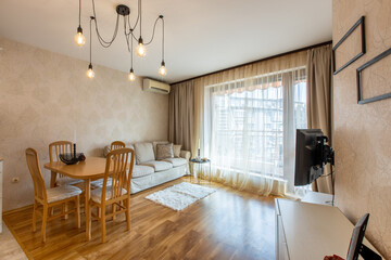 New modern living room. New home. Interior photography. Wooden floor.
