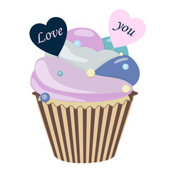 Romantic cupcake. Realistic cupcake. Sweet creamy desserts muffins with frosting flavors decoration, delicious confectionery and baking.