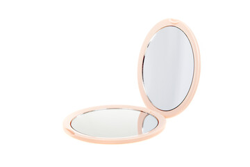 Small round cosmetic pocket mirror isolated on white. Open