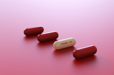 Capsule medicine for COVID-19 or Corona virus. 3D illustration.