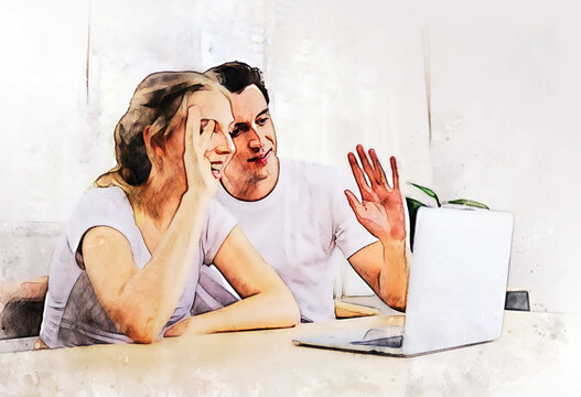 Happy couple lover talking and waving hand in a video conference on line with a laptop for contact friendship at home on watercolor illustration painting background.