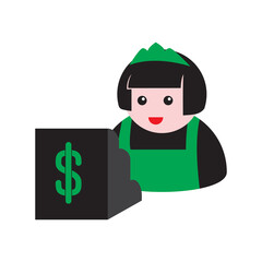seller and cash register icon on a white isolated background. Vector image
