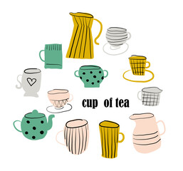 collection of cups and pots. cup of tea vector illustration.	