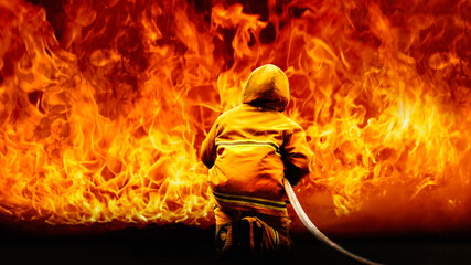 Rear of firefighter with fire uniform and equipment on flame background with copy space