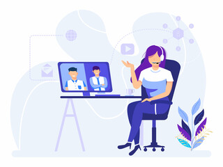 work at home. online virtual video meeting. woman chatting with friends in a group through a monitor. Vector illustrations for video conferencing, podcasts, technology concepts.