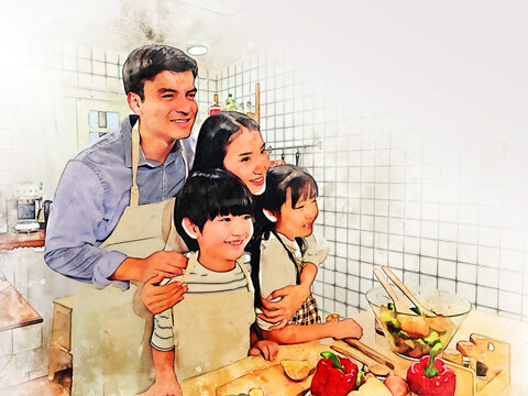 Abstract colorful happiness family smile portrait in kitchen room on watercolor illustration painting background.
