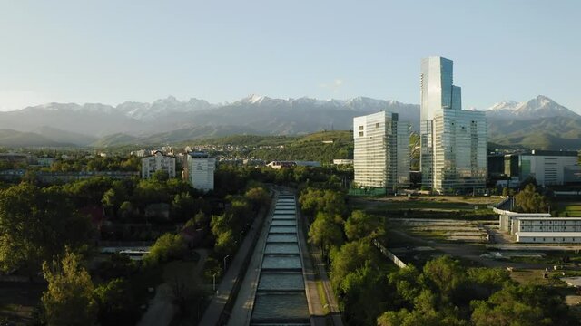 Aerial view of Esentai Tower Business Centre at sunrise. Almaty, Kazakhstan.