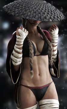 Fantasy female warrior dressed in a sexy cloak outfit with hand and leg wraps and coolie hat with brown pigtails hairstyle.3d rendering
