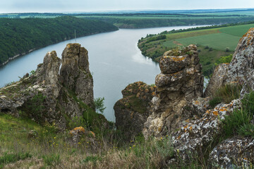 Dnister river canyon curve in Ukraine Bakota