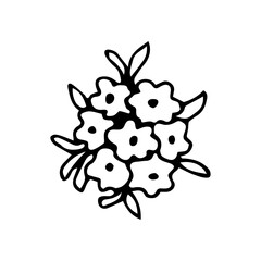 Hand-drawn black outline vector sketch. A simple bouquet of small flowers is isolated on a white background. For prints, sticker, label, logo, postcard. Spring summer season. Garden element, nature.