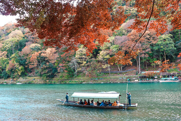 Boatman punting the boat with tourists to sightseeing  autumn view along river in Kyoto, Japan