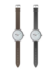 Set of classic men's watches. Wristwatch with a leather strap. Isolated. Realistic vector.