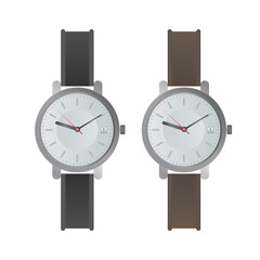 Set of classic men's watches. Wristwatch with a leather strap. Isolated. Realistic vector.