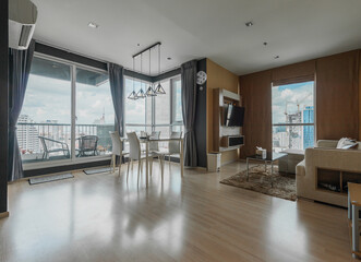 Modern living room and kitchen in small apartment 