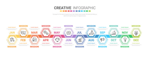 Timeline business for 12 months, 1 year, Timeline infographics design vector and Presentation business can be used for Business concept with 12 options, steps or processes. 