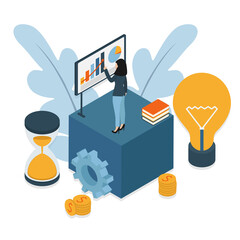 Business concept. Businesswoman. Finance, time runs out on an hourglass, analytical analytical information about the company. Flat isometric character.