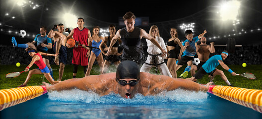 Sport collage. Swimming, running, fitness, bodybuilding, tennis, fighter and basketball players