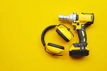 power tools,Ear Muffs, Mid-Range Cordless Impact Wrench on yellow background .Safety Equipment concept .