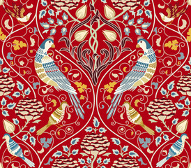 Vintage flowers and birds seamless pattern on red background. Vector illustration.