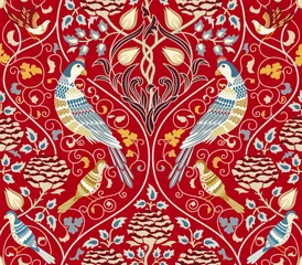Fototapete Vintage Blumen Nahtloses Muster der Weinleseblumen und -vögel auf rotem Hintergrund. Vektor-Illustration.