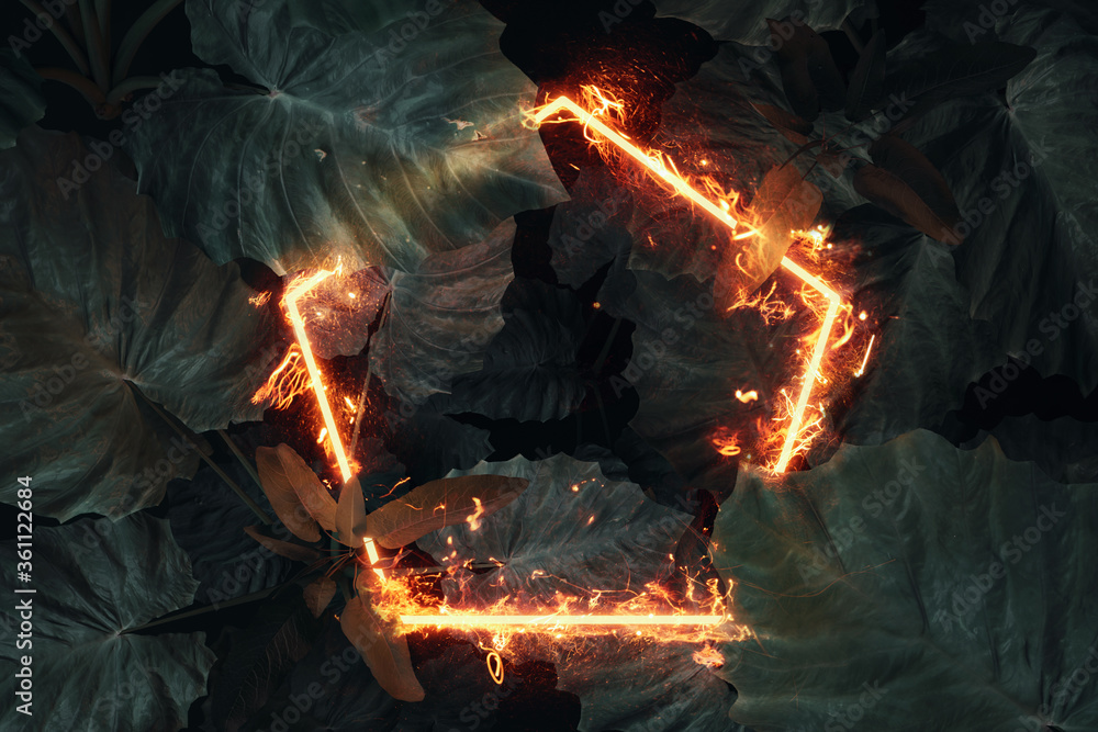 Poster 3d rendering of hexagon shape in fire over tropical plants. flat lay of minimal nature style concept