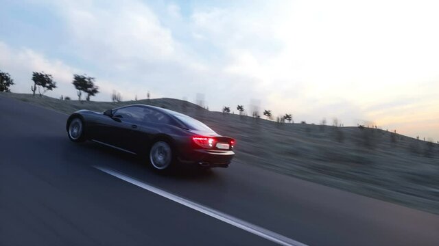 Black sport car on road, highway. Very fast driving. Wonderfull sunrise. Super realistic 4K animation.