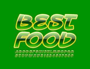 Vector green banner Best Food with Glossy creative Font. Handwritten Alphabet Letters and Numbers
