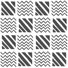 Vector seamless black and white geometric pattern of hand-drawn zigzags and diagonal stripes, lines. 