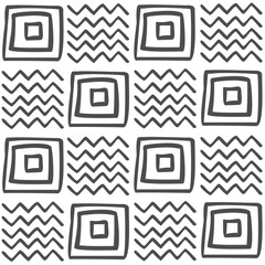 Vector seamless black and white geometric pattern of hand-drawn squares and zigzags. Black pattern on a white background. For decor, textile, fabric, carpet, wallpaper, ceramic tiles, wrapping paper.