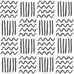 Vector seamless geometric black and white pattern of hand-drawn waves and vertical lines, stripes. For decor, textile, fabric, carpet, wallpaper, ceramic tiles, wrapping.