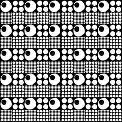 Vector seamless geometric pattern of hand-drawn white circles of different sizes on a black background. For decor, textile, fabric, carpet, wallpaper, ceramic tiles, wrapping.