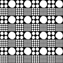 Vector seamless geometric pattern of hand-drawn white circles of different sizes on a black background. For decor, textile, fabric, carpet, wallpaper, ceramic tiles, wrapping.