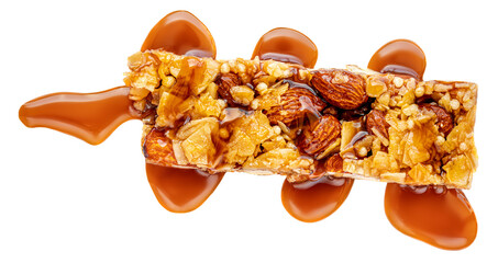 Granola bar with roasted nuts and caramel  isolated on white background. Muesli bar Top view