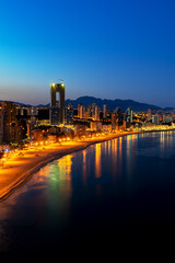 Benidorm city landscape at night from above, Alicante province, Spain