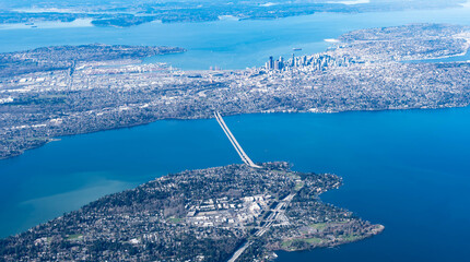 Aerial view of the Mercer Island, Homer Hadley Memorial Bridge and Lacey Murrow bridge Seattle USA