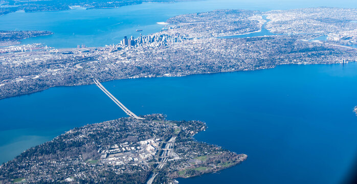 Aerial view of the Mercer Island, Homer Hadley Memorial Bridge and Lacey Murrow bridge Seattle USA