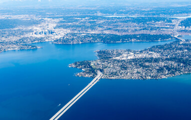 Aerial view of the Mercer Island, Homer Hadley Memorial Bridge and Lacey Murrow bridge Seattle USA
