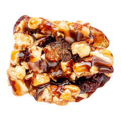 Granola bar with roasted nuts and caramel  isolated on white background. Muesli bar Top view