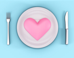heart on plate, knife and fork. Relationship concept. 3d illustration