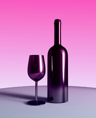 bottle and glass of red wine on table, 3d illustration