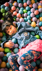 Fototapeta na wymiar Little asian girl having fun in ball pit with colorful balls. Child playing on indoor playground. Kid jumping in ball pool.