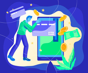 Online payment and money transfer, currency exchange method concept with a man doing activities with money using a mobile device and internet application, flat vector illustration.