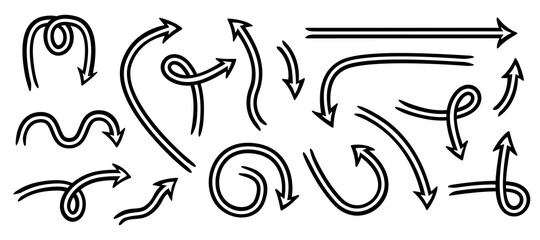 Set of black arrows in doodle style. Curved, flowing, neat pointers. Elements for the design of sites, posters, advertising, etc. Vector cursors on a transparent background.
