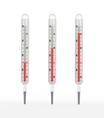 Vintage thermometers showing rising levels of fever. 3D illustration