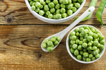 Young green peas in a white bowl.