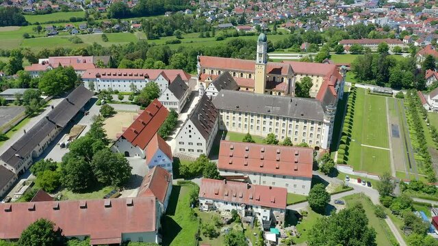 Aerial view, flight at Ochsenhausen monastery, with St. Georg monastery church, Ochsenhausen, Biberach district, Upper Swabia, Baden-W&uuml;rttemberg, Germany