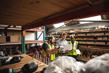 Three male factory workers discussing over a laptop at the factory