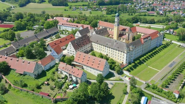 Aerial view, flight at Ochsenhausen monastery, with St. Georg monastery church, Ochsenhausen, Biberach district, Upper Swabia, Baden-W&uuml;rttemberg, Germany