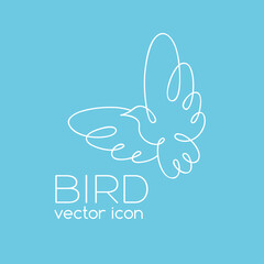 Bird logo idea. Vector illustration. Abstract dove on blue sky background.