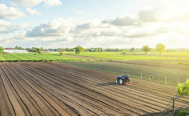A tractor rides on a farm field. Farmer on a tractor with milling machine loosens, grinds and mixes...